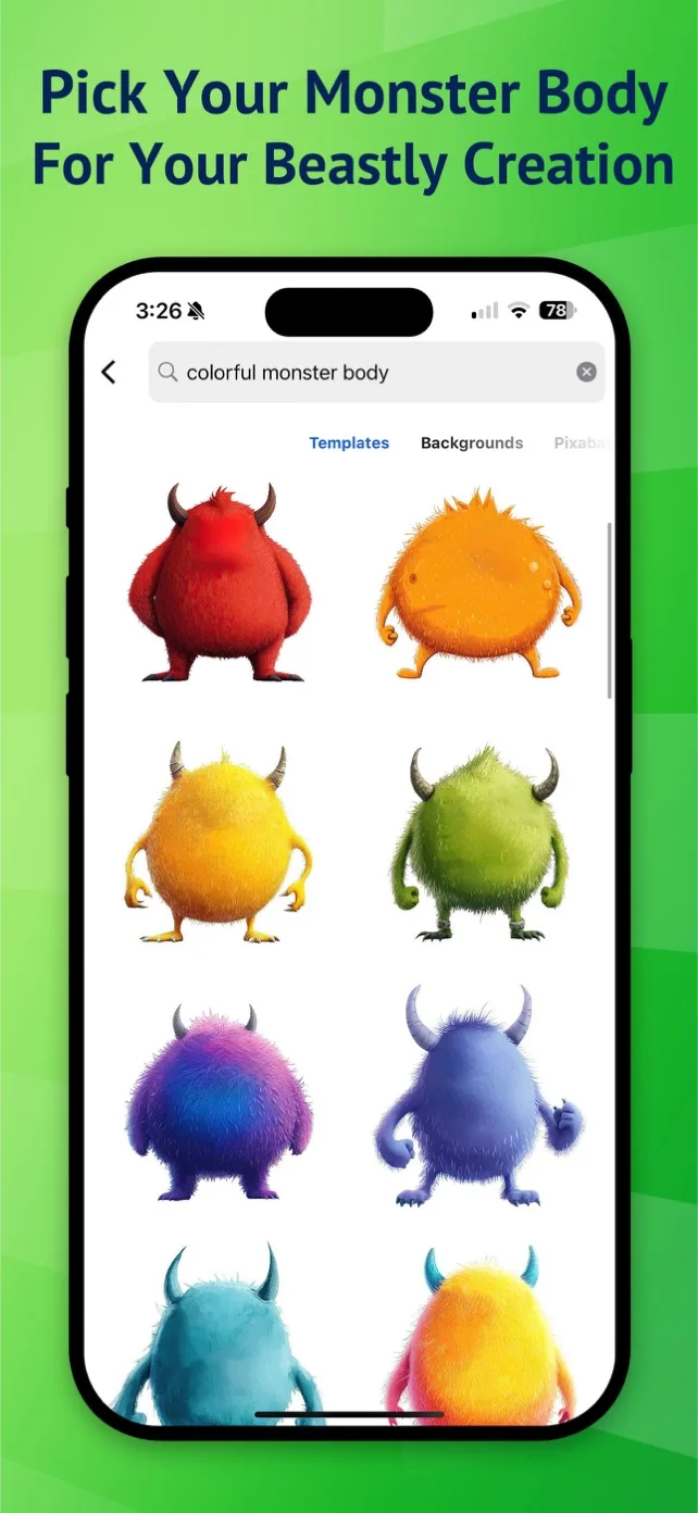 Template search results for colorful monster body showing a grid of furry monster bodies in red, orange, yellow, green, purple and blue